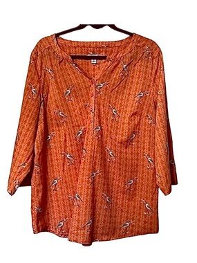 Croft & Barrow ~ Orange Bird Print Split-Neck Blouse